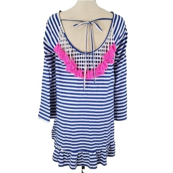 Philosophy stripe feather boho beaded ruffle dress women's size large - Picture 2 of 5